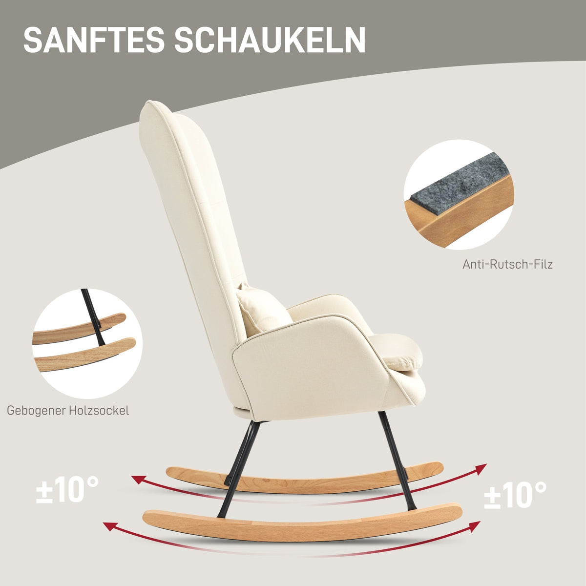 Rocking Chair, Armrests, Velvet, Cream White