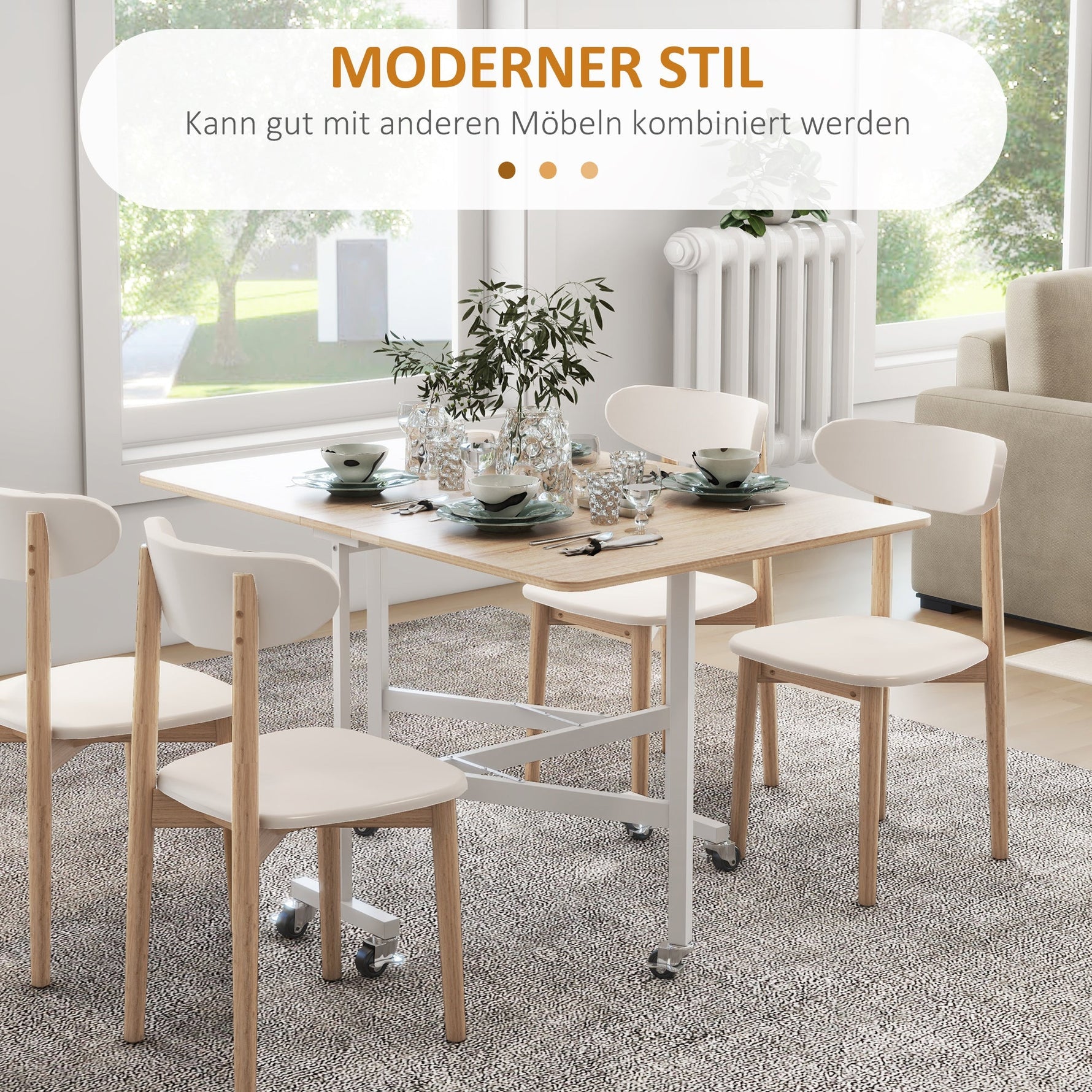 Dining Table for 4-6 People, Foldable with Wheels, Steel Frame, Oak
