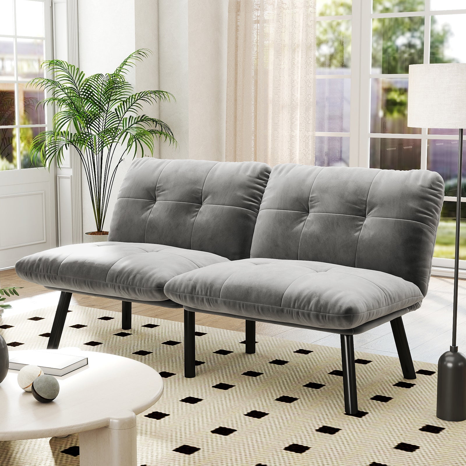 Foldable Futon Sofa Bed 2-Seater Guest Bed - Grey