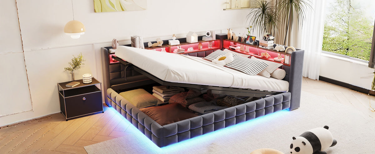 Multifunctional Sofa Bed 140x200 with Storage & LED, Dark Grey Velvet