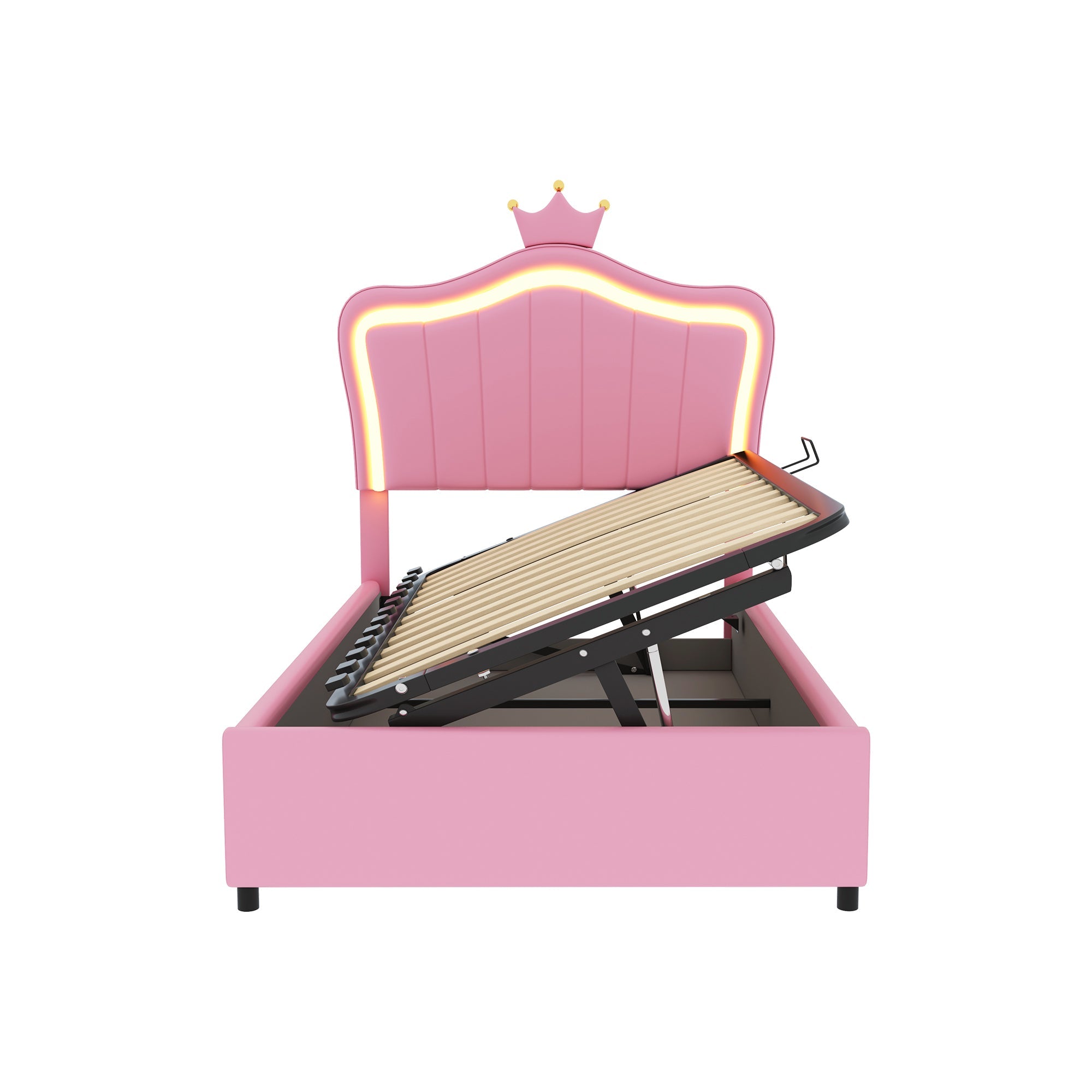 N623P171461H Upholstered Children's Bed Seashell Headboard LED Storage White/Pink Faux Leather