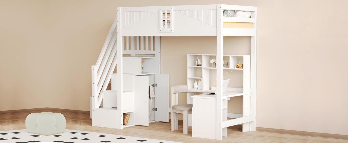 Solid Wood Loft Bed 90x200cm with Safety Door & Ladder, White
