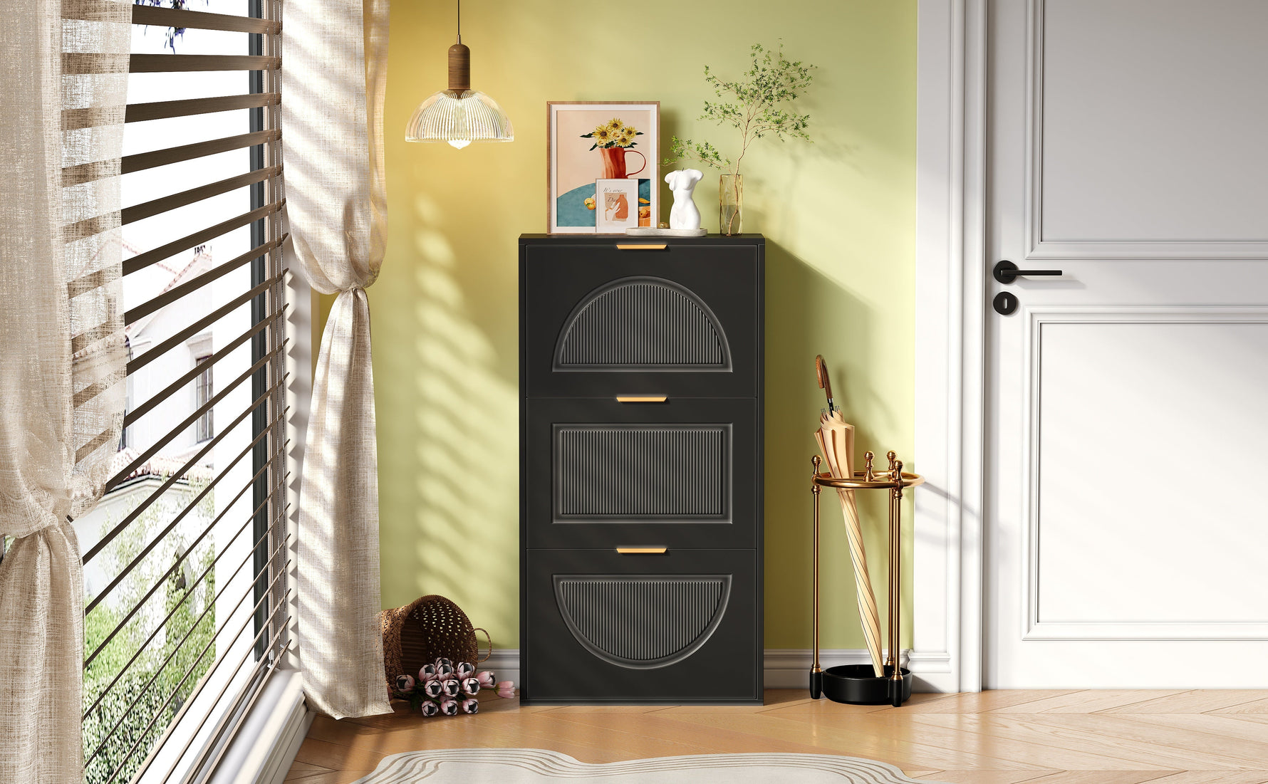 Narrow Shoe Cabinet with 3 Doors for Hallway and Living Room, Black