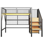 Metal Loft Bed 90x200 LED Lights Storage Stairs Wardrobe, Black