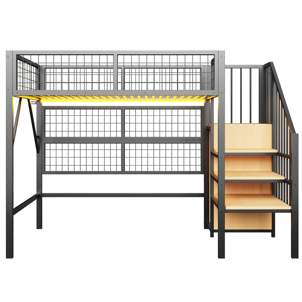 Metal Loft Bed 90x200 LED Lights Storage Stairs Wardrobe, Black