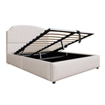 Upholstered Bed 140x200 with Hydraulic Storage and Wide Headboard, Striped Fabric White and Coffee
