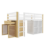 Children's Loft Bed with 2 Storage Cabinets and Ladder, Natural and White