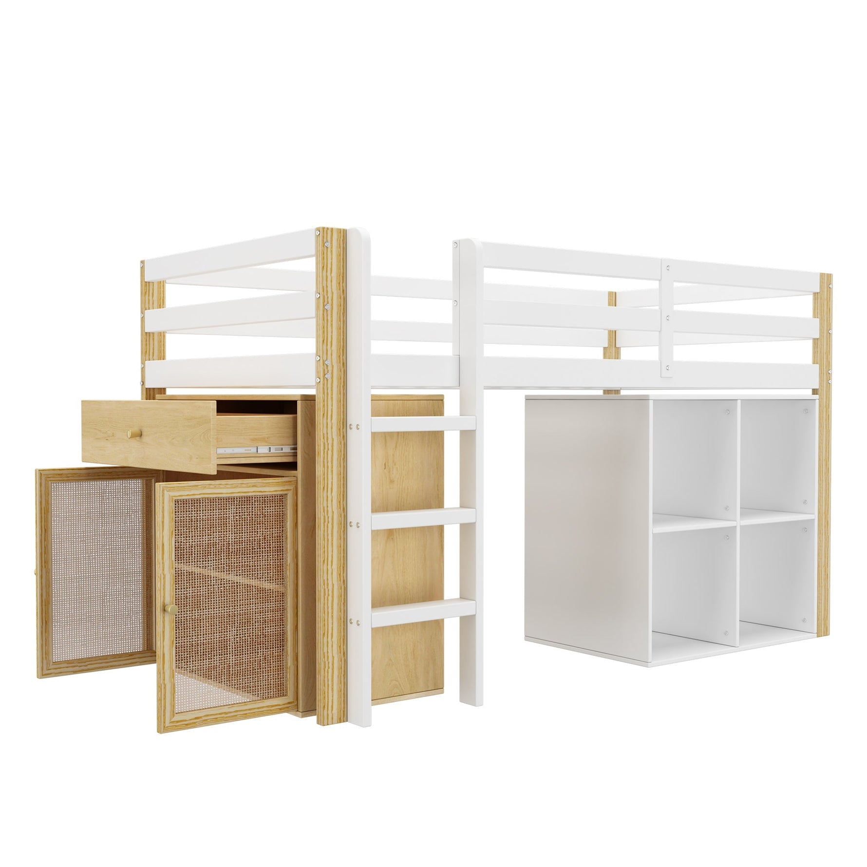 Children's Loft Bed with 2 Storage Cabinets and Ladder, Natural and White