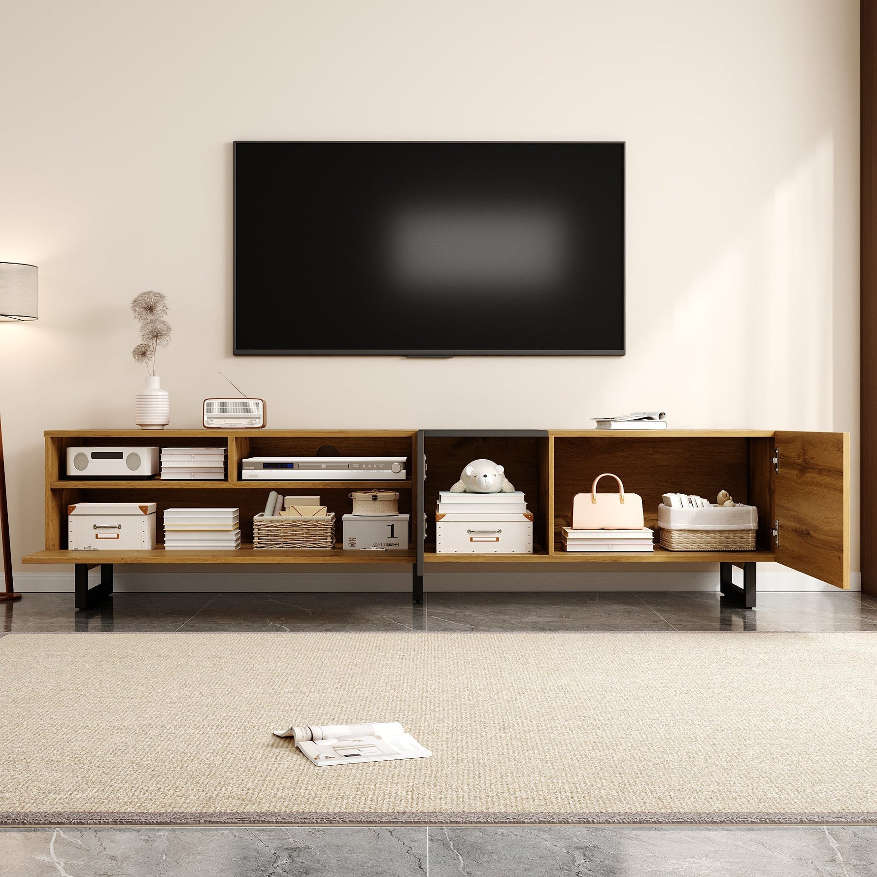 Colorblock TV Cabinet, 3 Doors 2 Compartments U-shaped Metal Legs, Retro Wood Grain