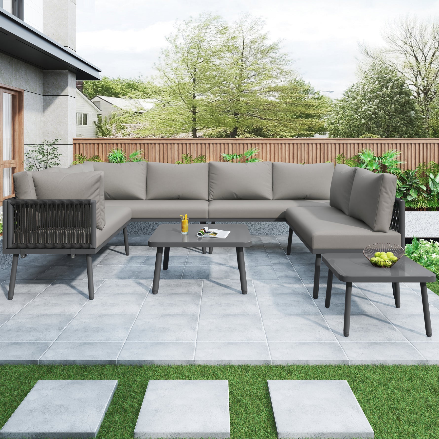 Iron Garden Lounge Set U-Shaped Corner Sofa 8-Seater 2 Tables - Various