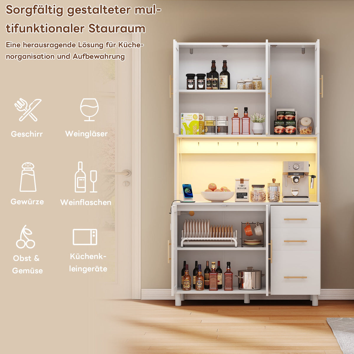 Kitchen Sideboard Buffet 183cm Tall LED USB Sockets 3 Drawers Gold Handles