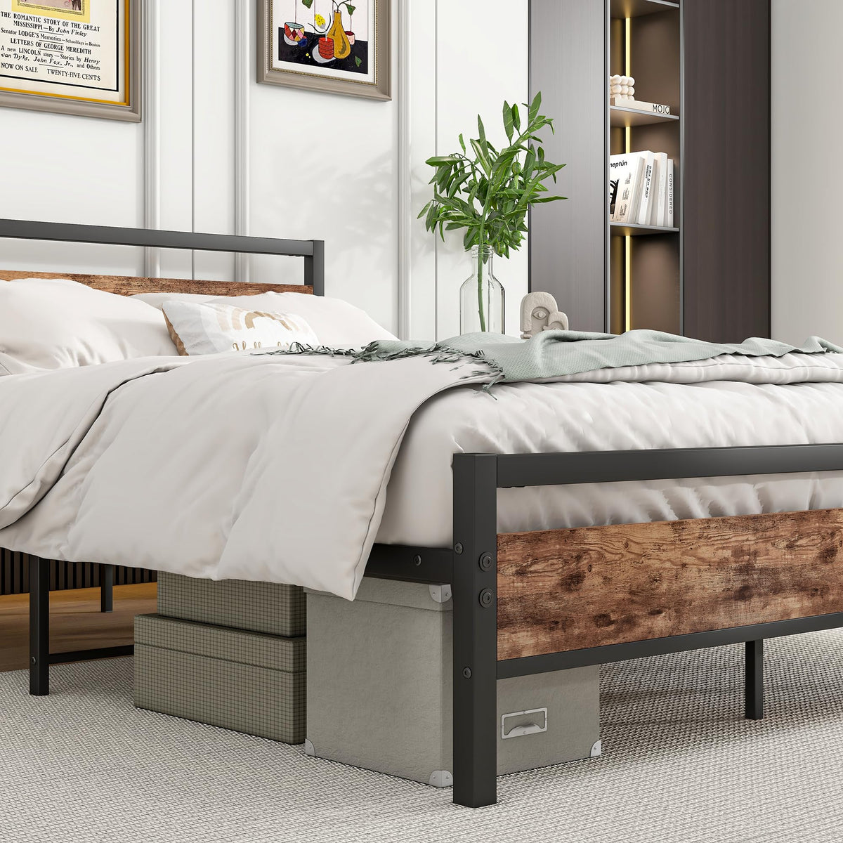 Bed Frame 140x200 cm with Slatted Base & Storage, Metal & Wood