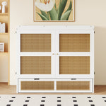 Wall Bed 140x200cm, Vertical with Slatted Frame & Storage Drawers, Rattan Design White