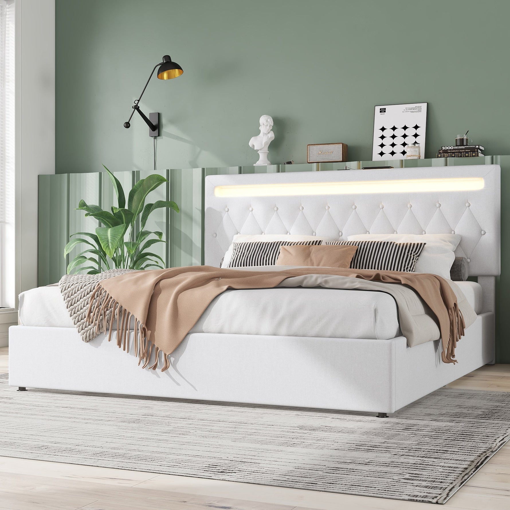 Upholstered Bed 180x200cm Hydraulic Storage LED USB - White