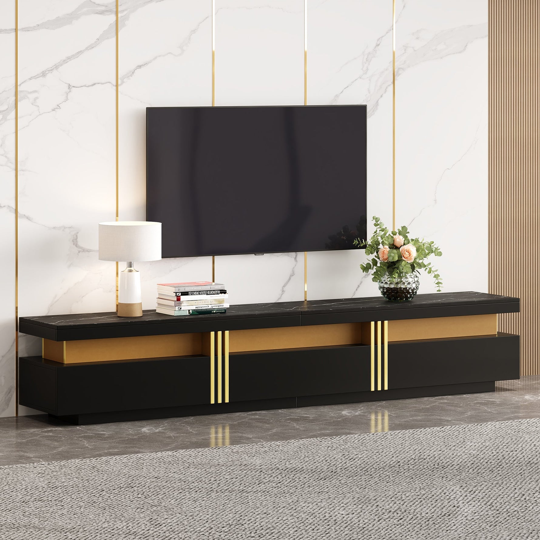 Lowboard TV Cabinet, Modern Marble Look with 3 Drawers, for up to 90-inch TVs