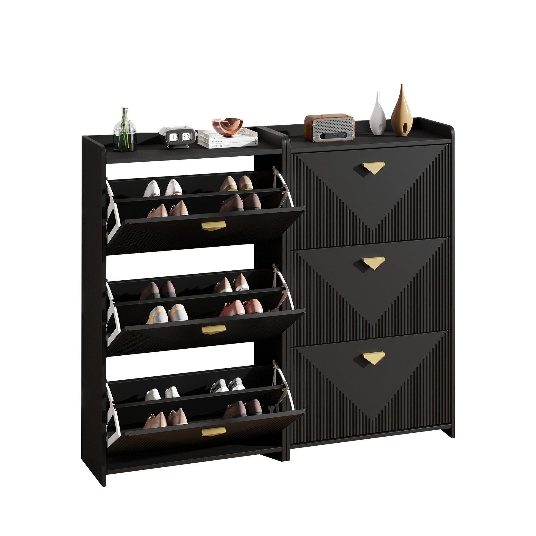 Shoe Cabinet with 6 Drop-Down Doors and Adjustable Width, Two-Piece Set, Black MDF