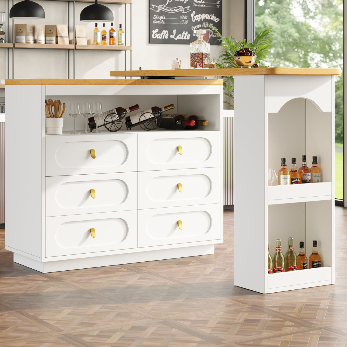 Extendable Rolling Bar Table 360° Swivel Storage Drawers - White