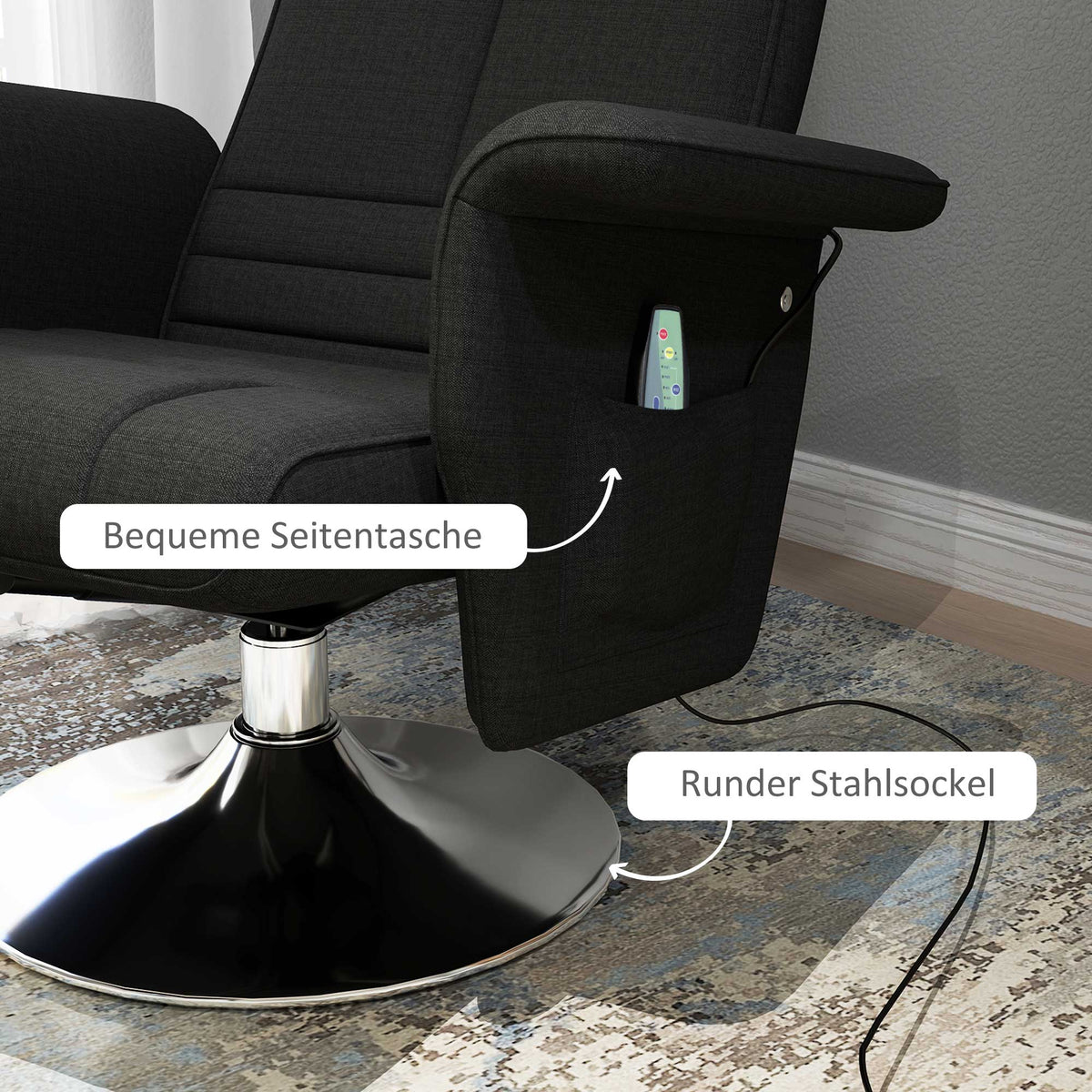 Recliner Chair Swivel Massage 8-Point Vibration Electric with Footstool, Linen Look Steel Black