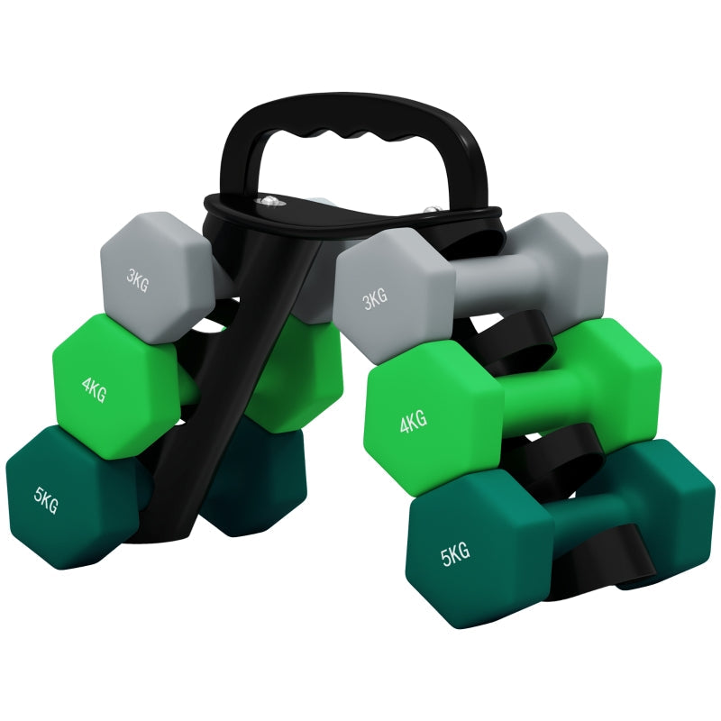 Dumbbell Set 6-Piece Hexagon with Stand, 2x3kg/2x4kg/2x5kg Weights, Grey+Green+Turquoise