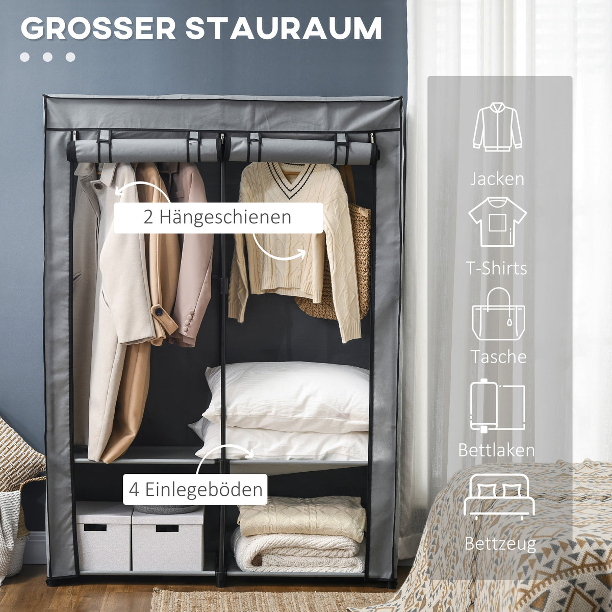 Wardrobe Fabric, Foldable with Zipper, Light Grey