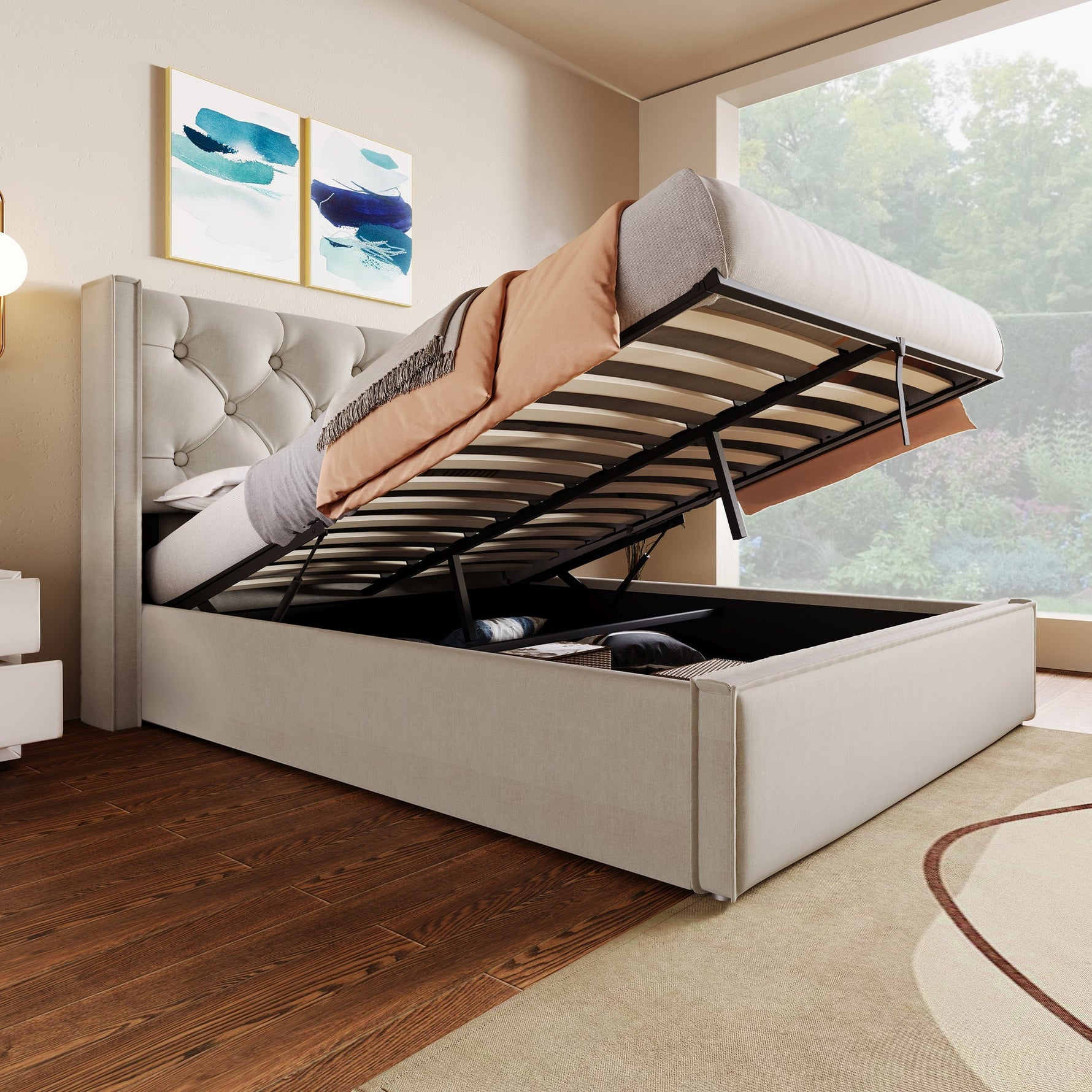Hydraulic Upholstered Double Bed with Storage and Metal Slatted Base, 160x200cm, Light Grey Cotton