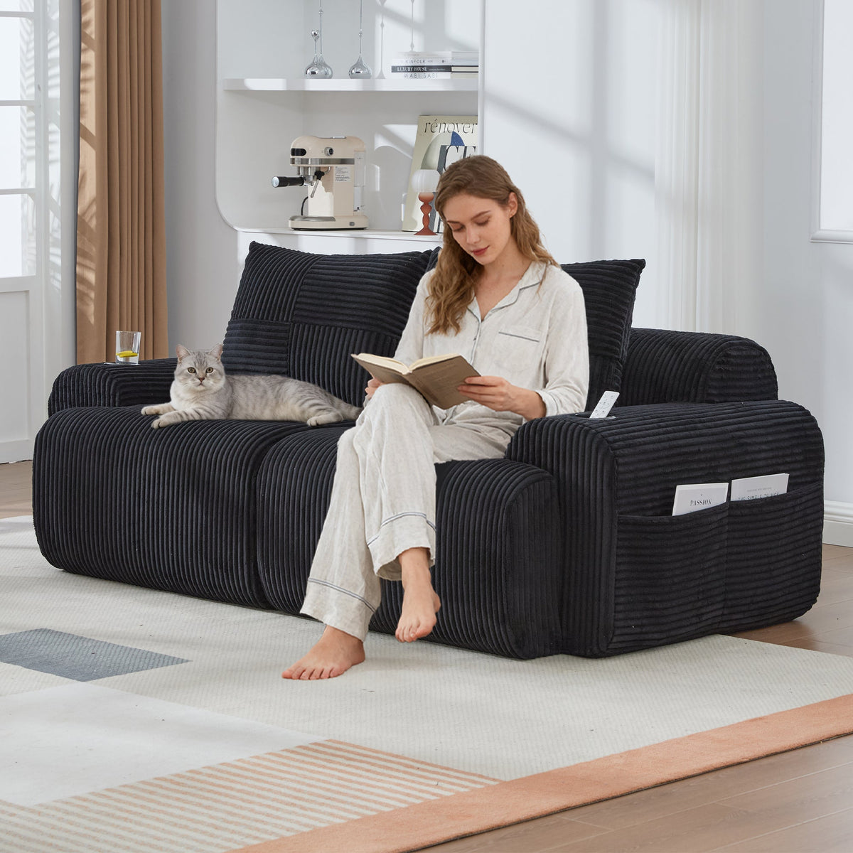 Modular Corduroy Sofa for 2 People, Combinable with Cup Holder and Storage Pocket, Black