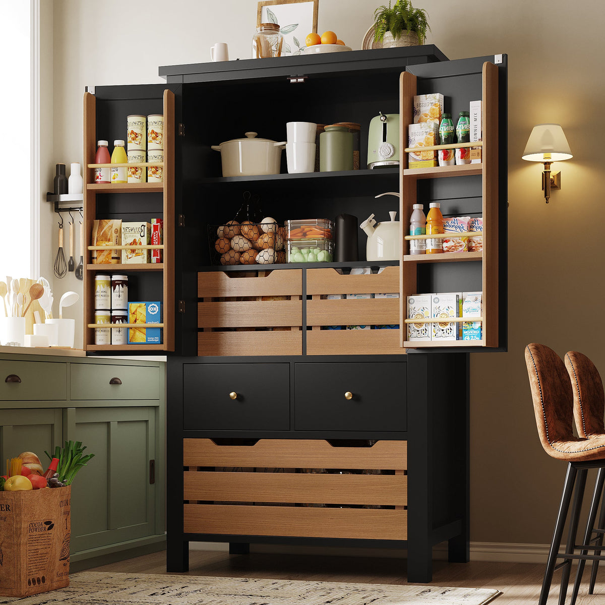 Kitchen Cabinet, Tall Buffet Storage with 2 Doors & 5 Drawers, Black/White