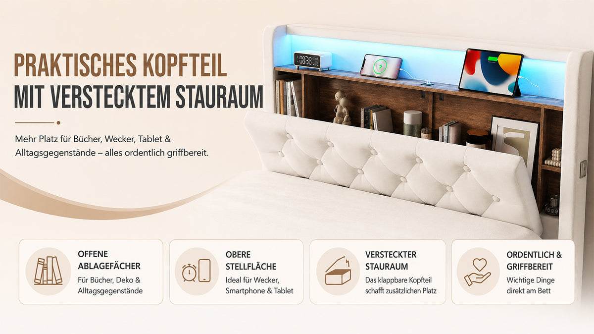 Upholstered Storage Bed 160x200cm with LED & USB, Beige Velvet