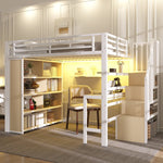 Loft Bed with Desk, Storage Staircase and LED Light Strip, 140x200cm, White Iron Frame