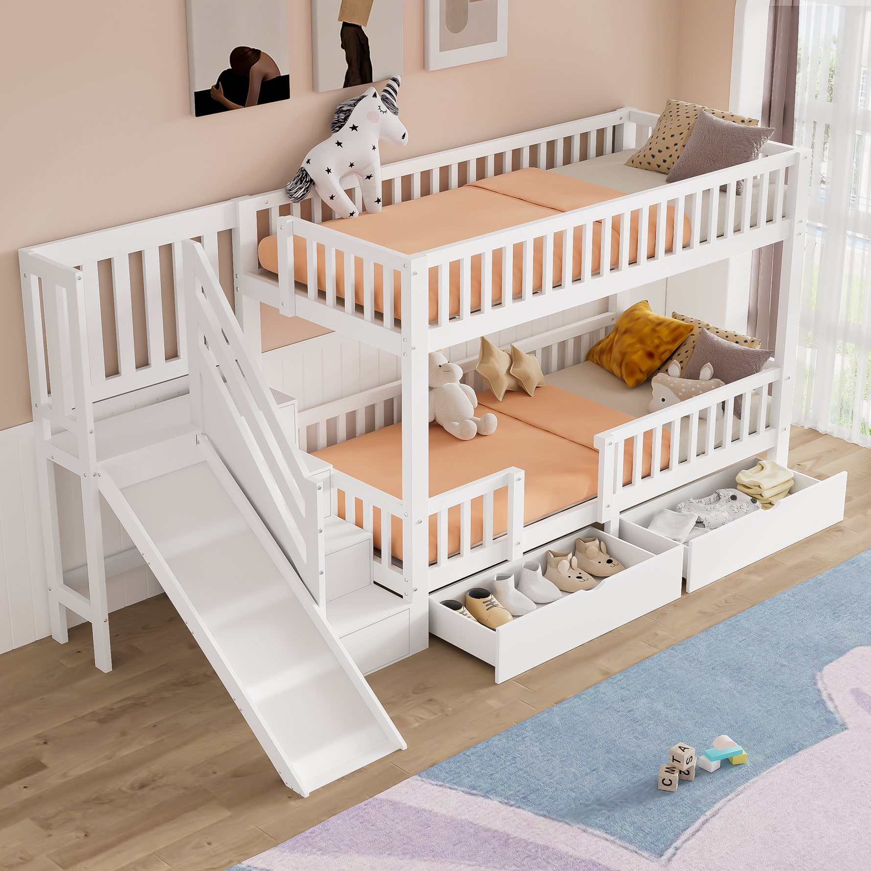 Children's Bunk Bed Multifunctional Slide Stairs 2 Drawers Solid Wood, White 90x200