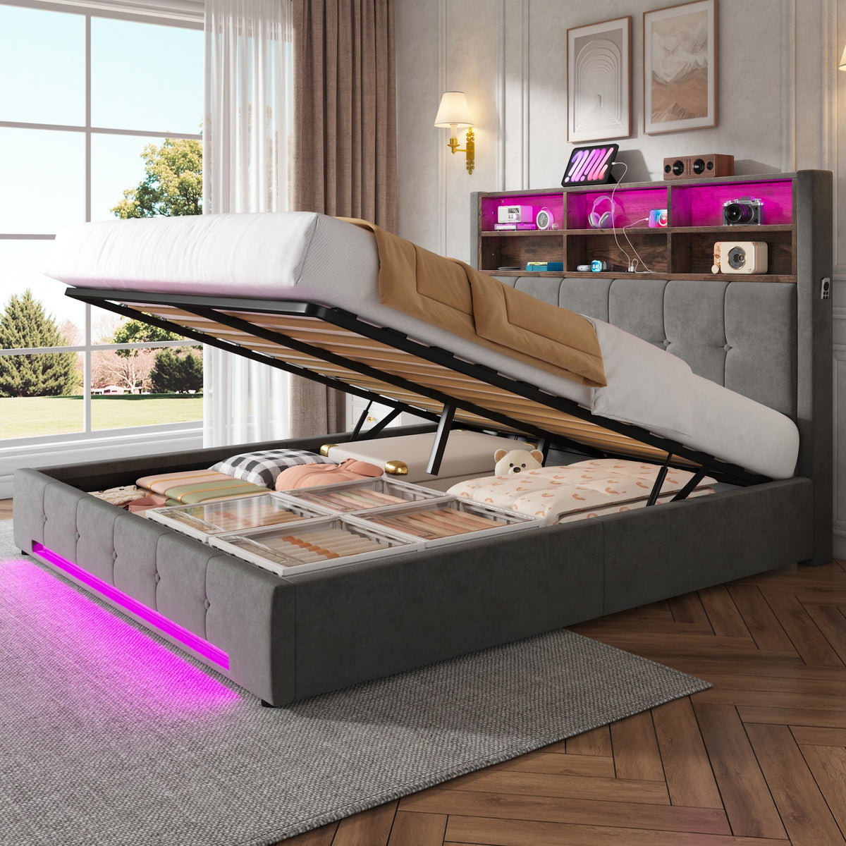 Storage Bed 160x200 with LED & USB Headboard, Velvet