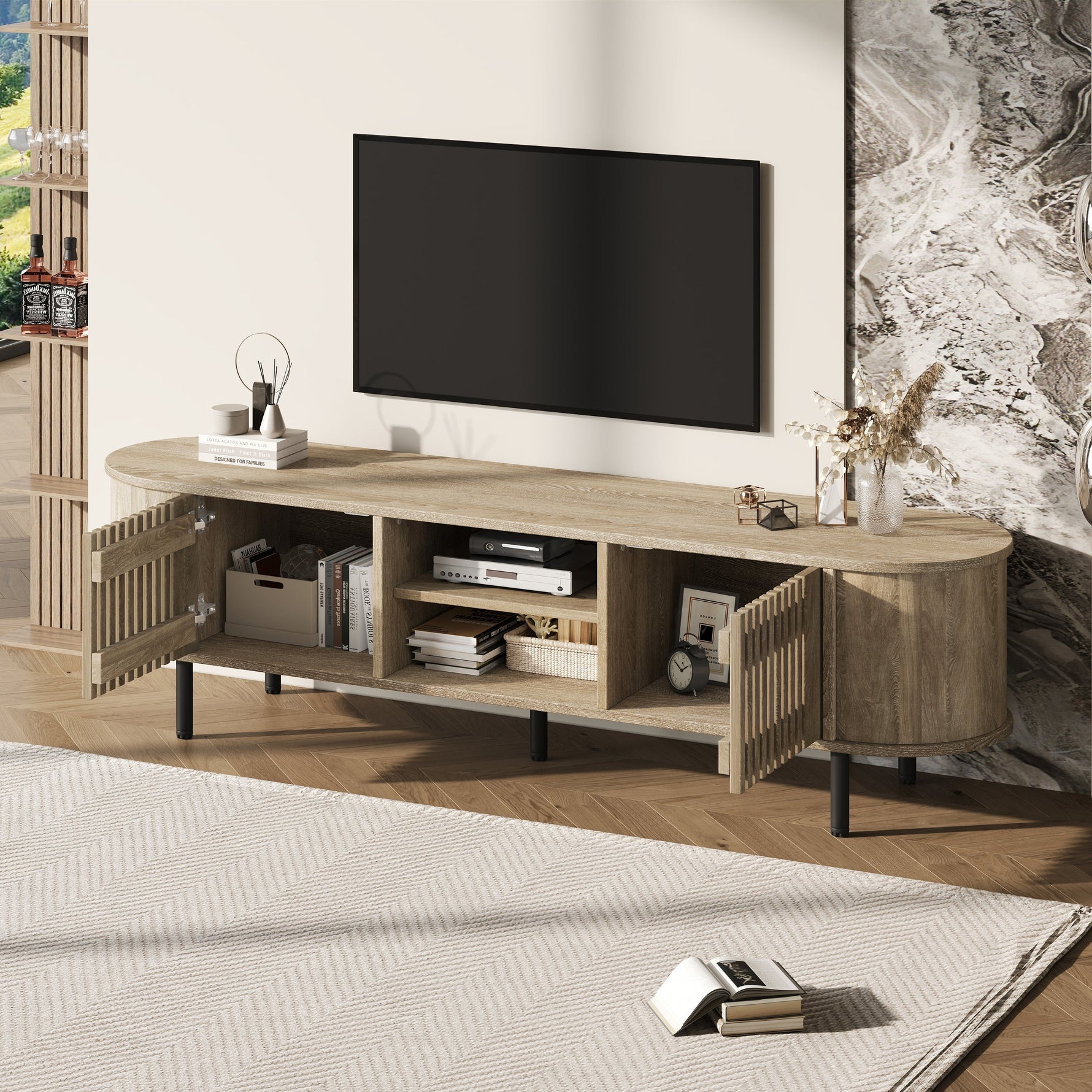 TV Cabinet Lowboard 160x40x47cm Openwork Design 2 Cabinets for 65" TV - Natural Wood