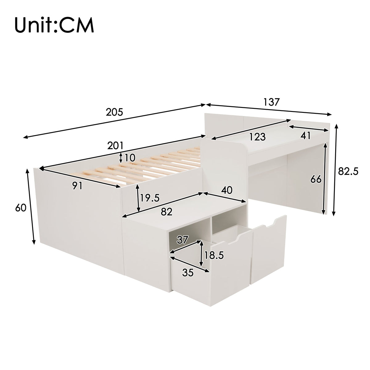 Children's Bed, Solid Wood Single with Desk & Drawers, White