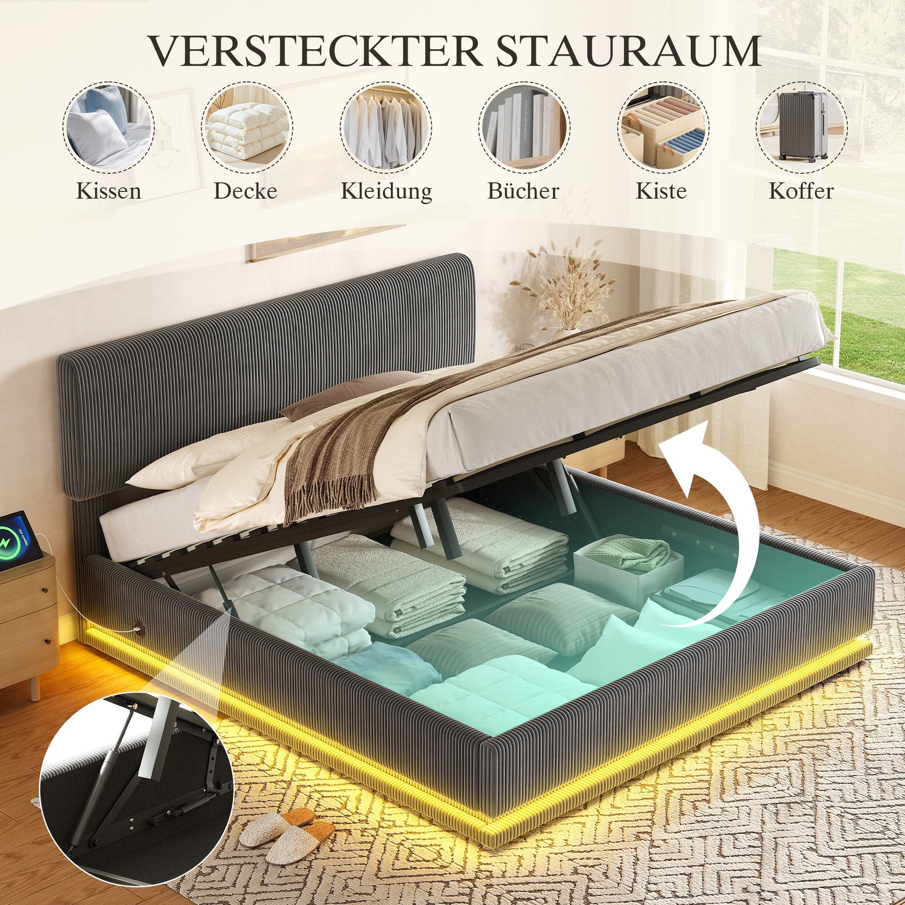 Modern Upholstered Bed with LED Lighting, USB-C and Under-Bed Storage, Gray Corduroy