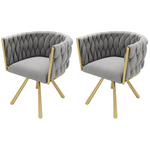 Velvet Dining Chair Set of 2 Swivel Metal Legs - Grey and Gold