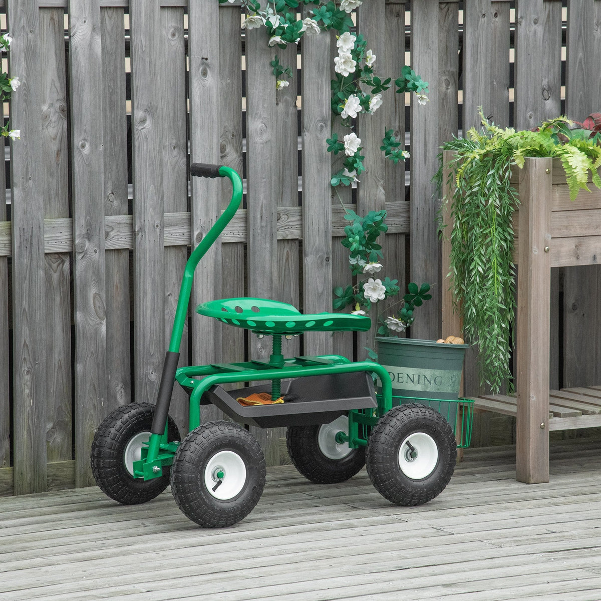 Garden/Workshop Trolley Seat Swivel Adjustable Height Storage Basket 150kg Capacity, Green
