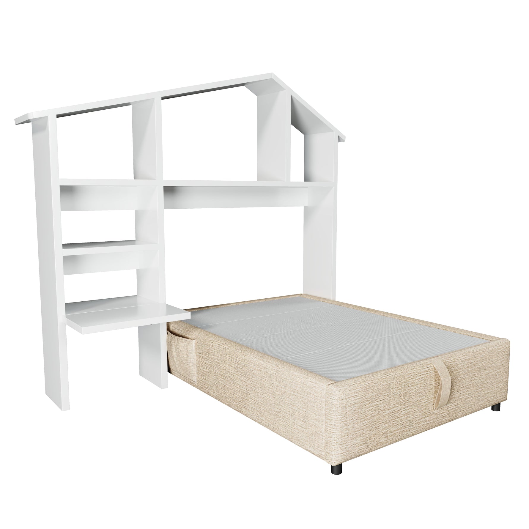 Children's Upholstered Bed 90x200cm, Bookshelf Hydraulic Storage USB-C, Linen Natural/White