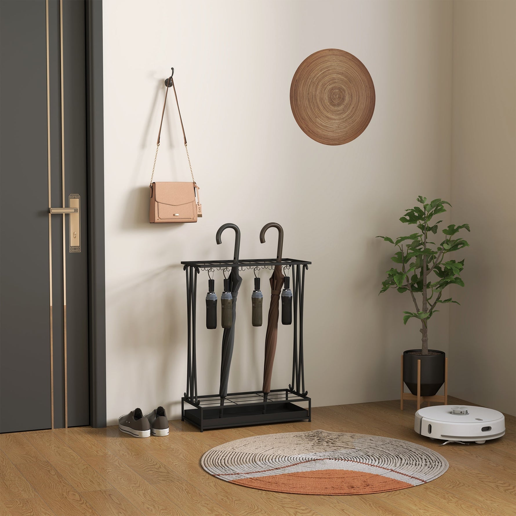 Umbrella Stand, Rectangular Holder with 24 Hooks/Removable Water Tray, Steel Black