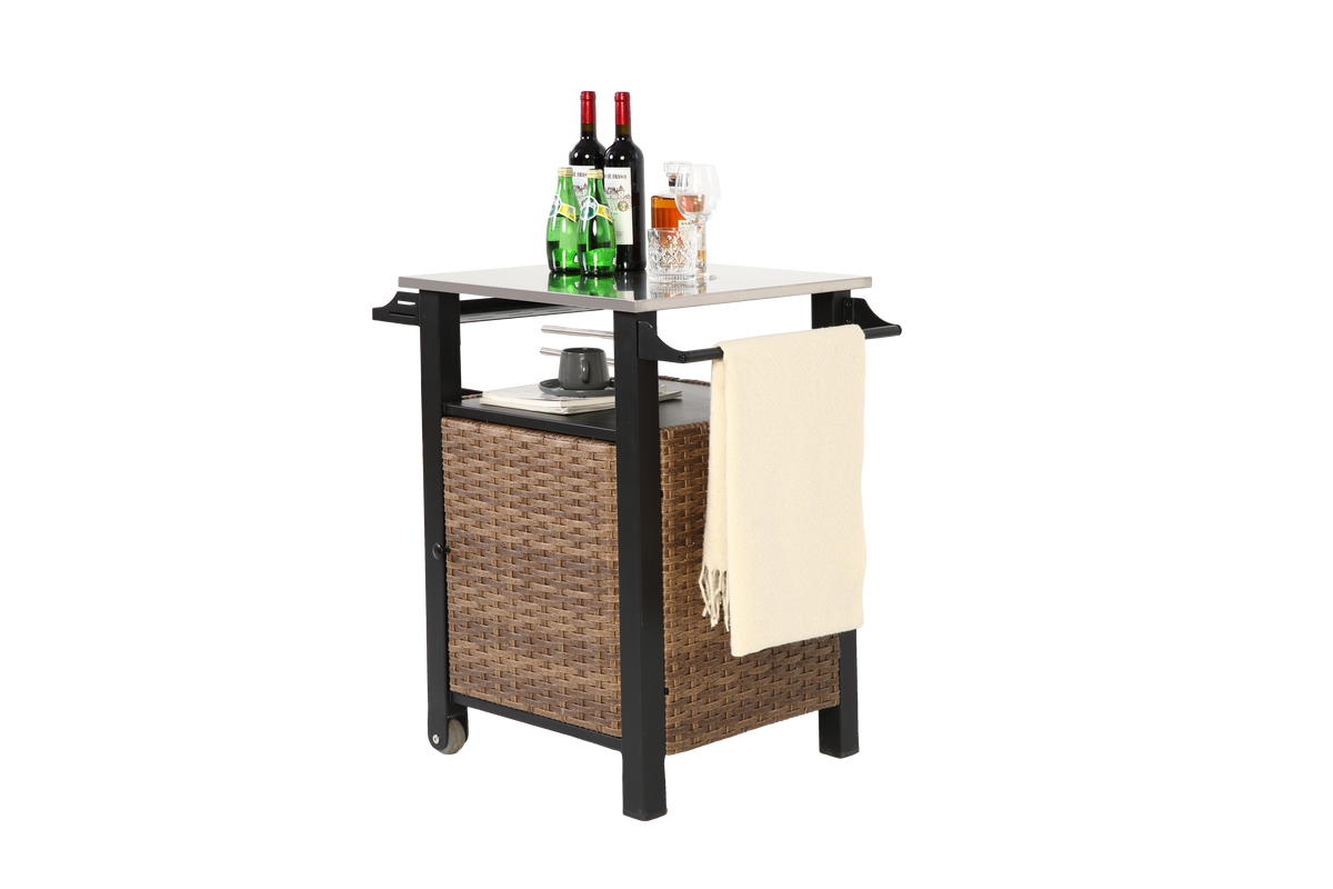 Bar Cart, Outdoor Kitchen Wicker Island Rolling with Stainless Steel Top, Brown