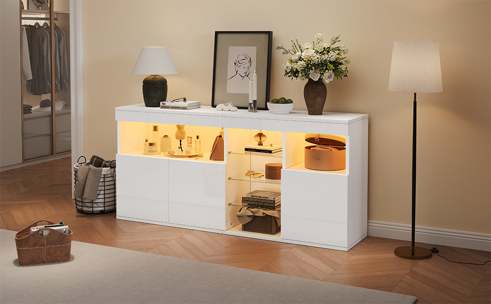 High-Gloss Cabinet 155.5cm LED 3 Doors Glass Partitions - White