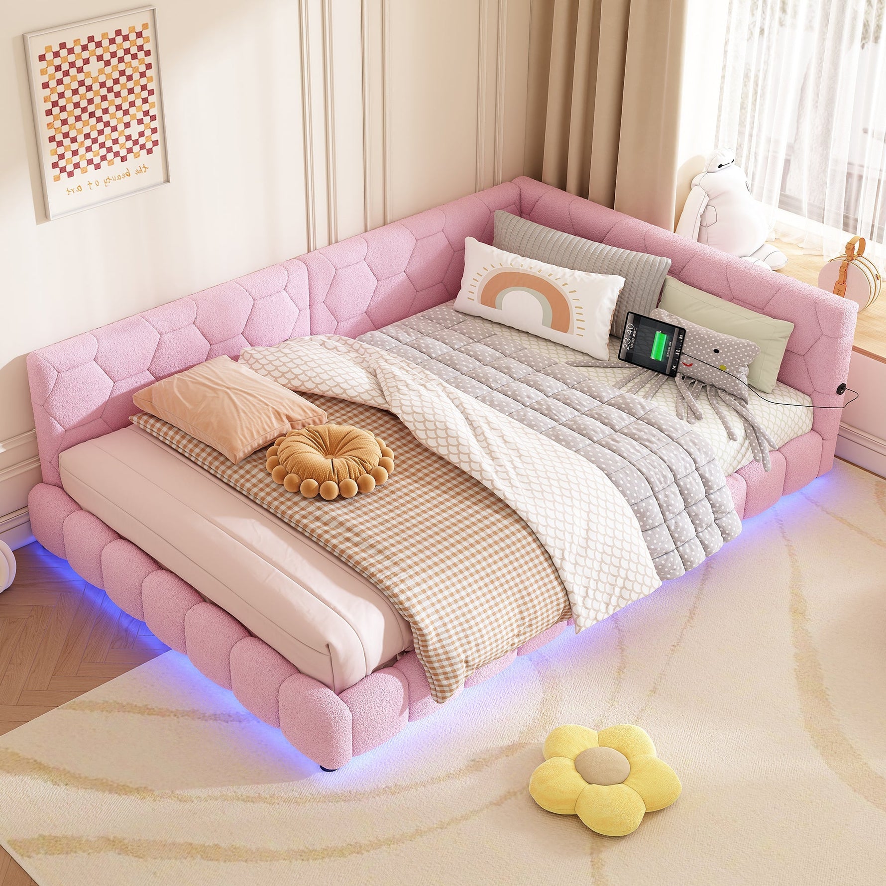 Daybed Sofa Bed 140x200cm Ambient Light USB/Type-C - Pink Faux Fleece