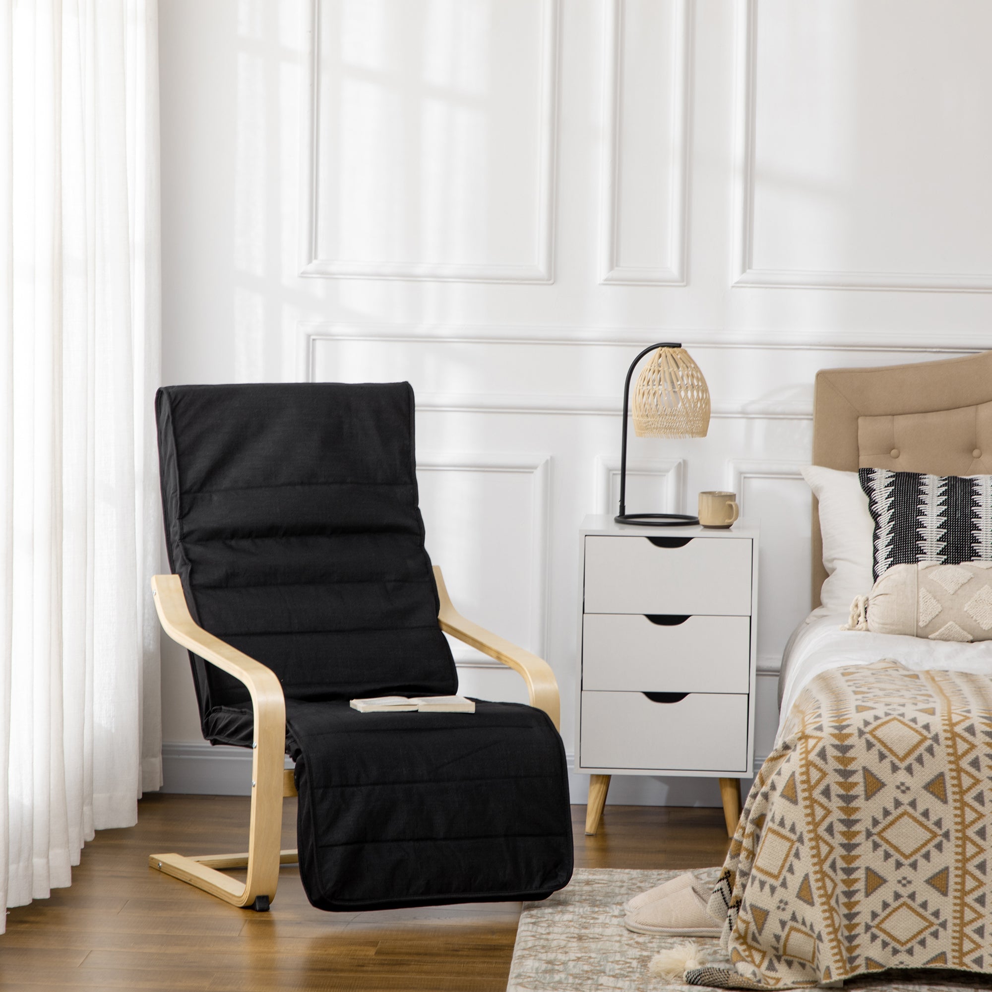 Reclining Armchair Rocking Chair Adjustable Footrest Linen Look, Birch Wood Black