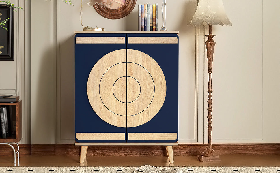 Modern Shoe Cabinet with Geometric Doors and Multi-Level Storage, Blue and Natural