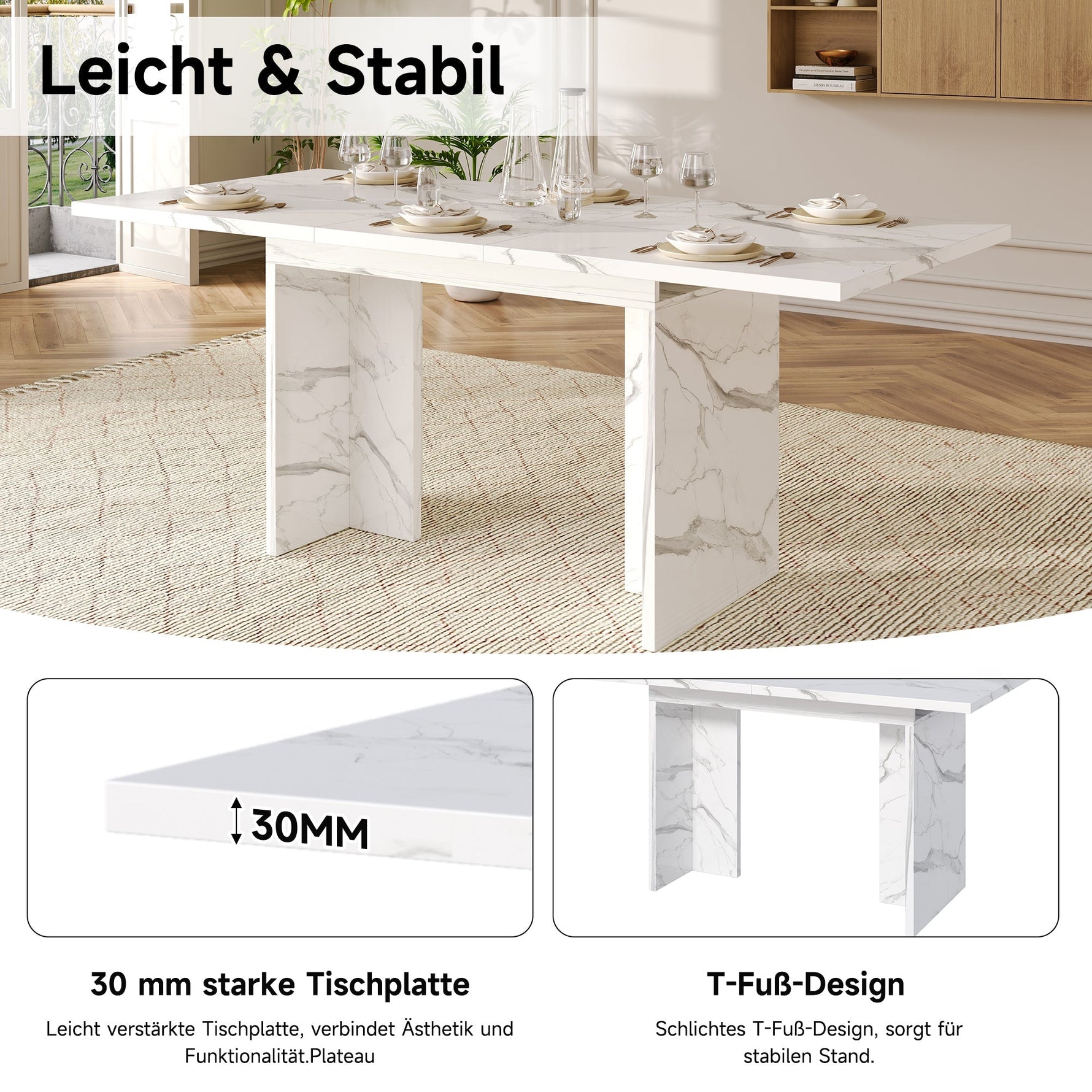 Extendable Dining Table 140/180x80cm Rectangular 6-8 Seater - White Marble