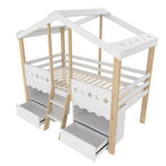 House Shape Loft Bed 90x200cm with 2 Drawers & LED, White + Natural