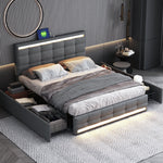 Upholstered Bed 140x200, LED, 4 Drawers, 2 USB Charging Stations, Linen Fabric Gray