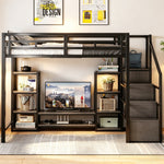 Loft Bed with TV Stand, Power Outlet and Safety Ladder, 140x200cm, Black Metal and Wood