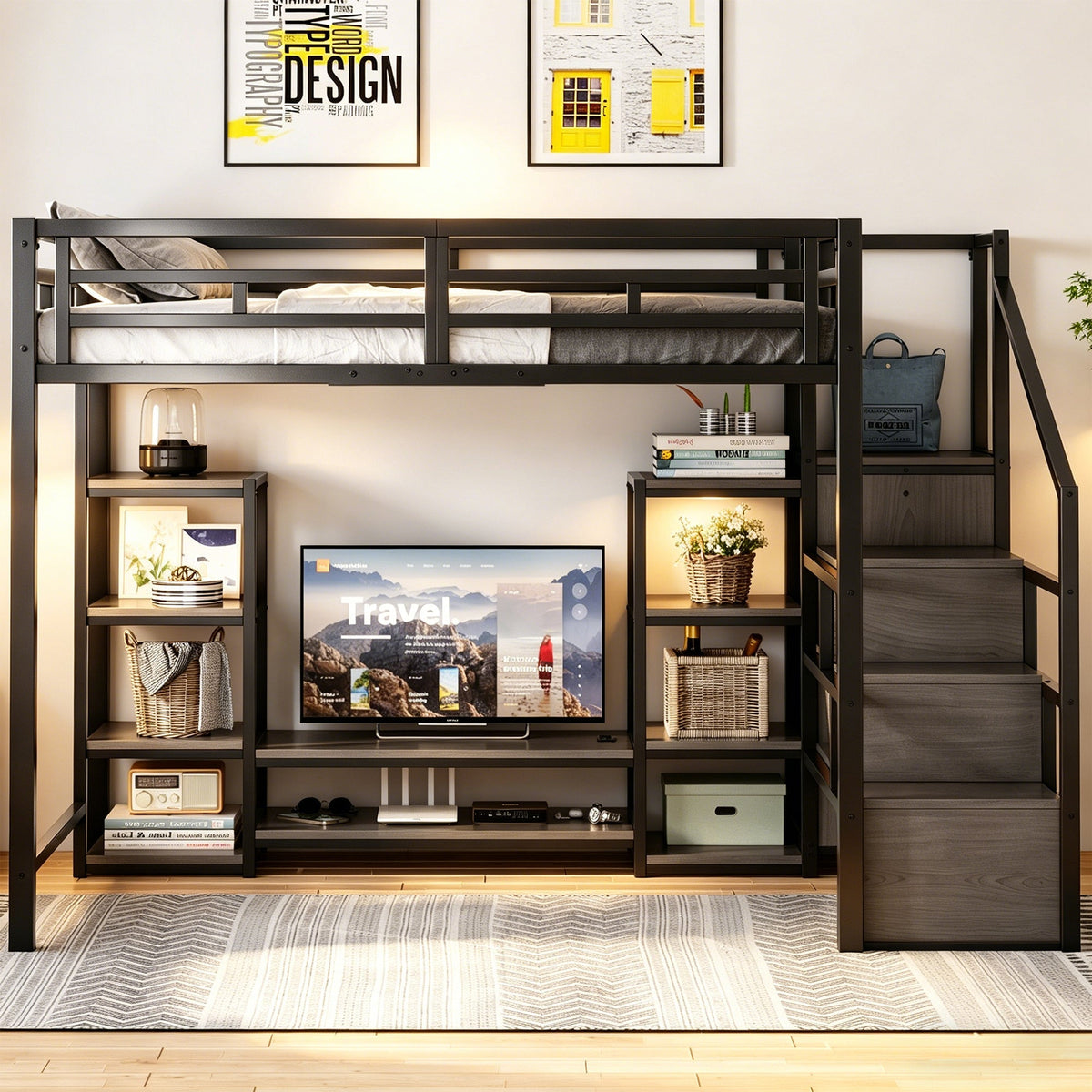 Loft Bed with TV Stand, Power Outlet and Safety Ladder, 140x200cm, Black Metal and Wood
