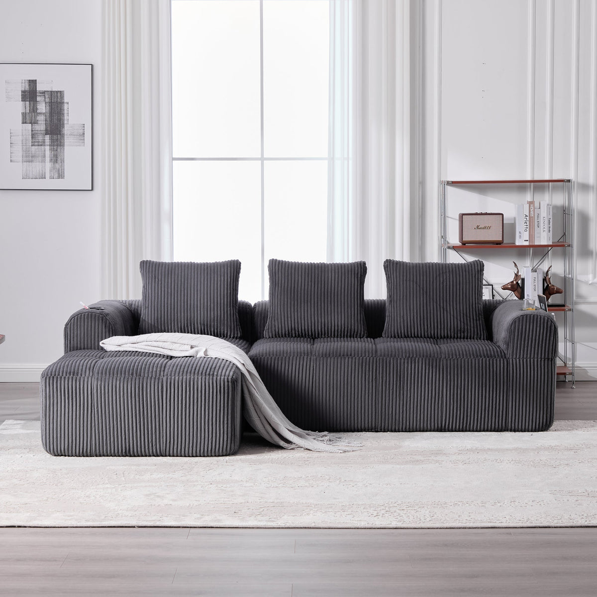 Compact Sofa Modular Side Pocket Cup Holder 3 Cushions - Corduroy Dark Gray