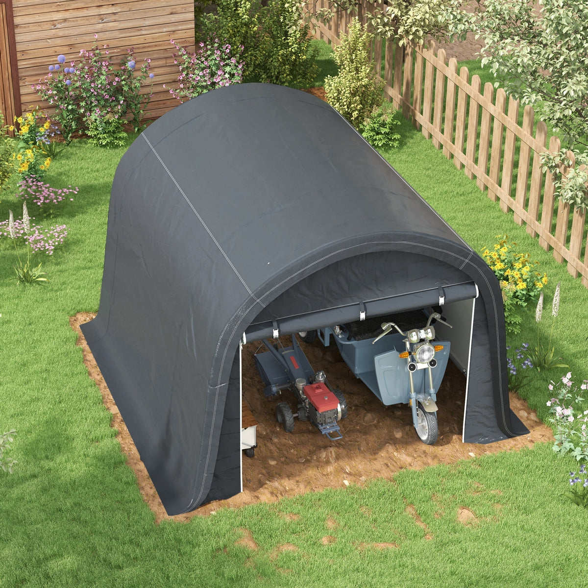 Foil-Lined Garden Shed 3x3m UV/Water-Repellent Two Roller Doors, Steel/PE Grey